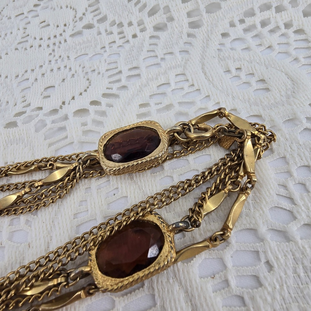 Sarah Coventry Vintage Necklace Gold Tone Multi Strand Amber Glass Stone - Picture 2 of 10